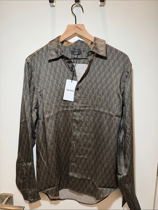 Reiss Other - Reiss Olive-Brown Logo Print Silk-like Button-Down Shirt